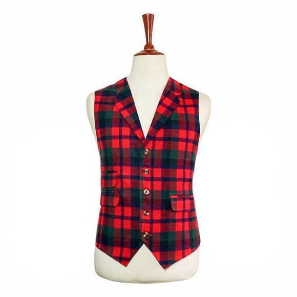 Mens 46R Plaid Wool Waistcoat Vest Red Blue Green Formal Wedding Business Party - Picture 1 of 8